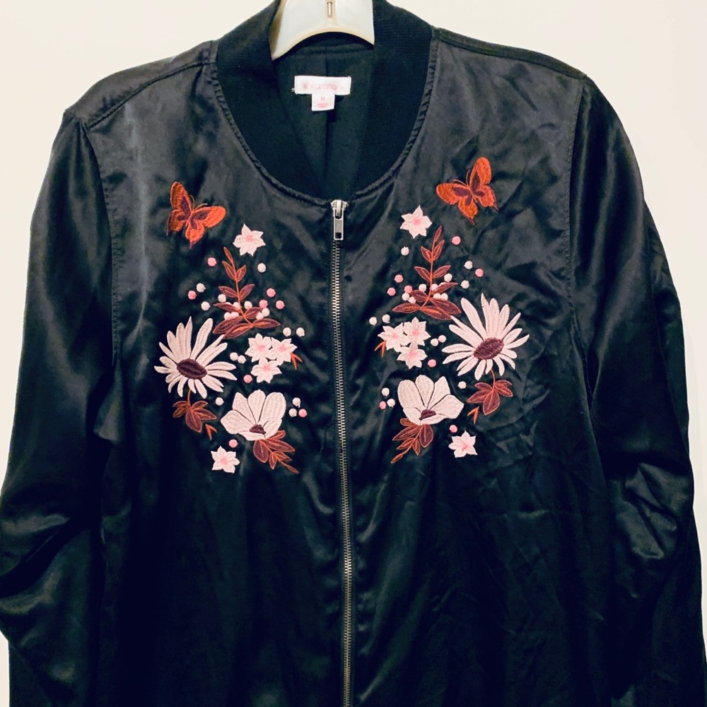 Floral Embroidered Black Satin Bomber Jacket NEW